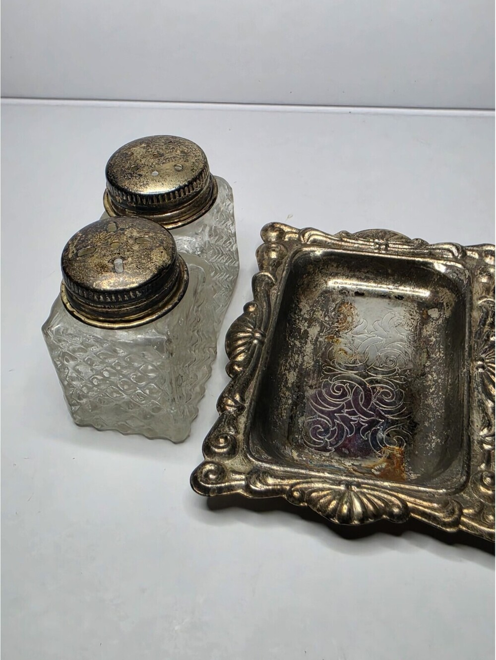 Vintage Mini Glass Salt & Pepper Shakers w/ Silver Plated Tray